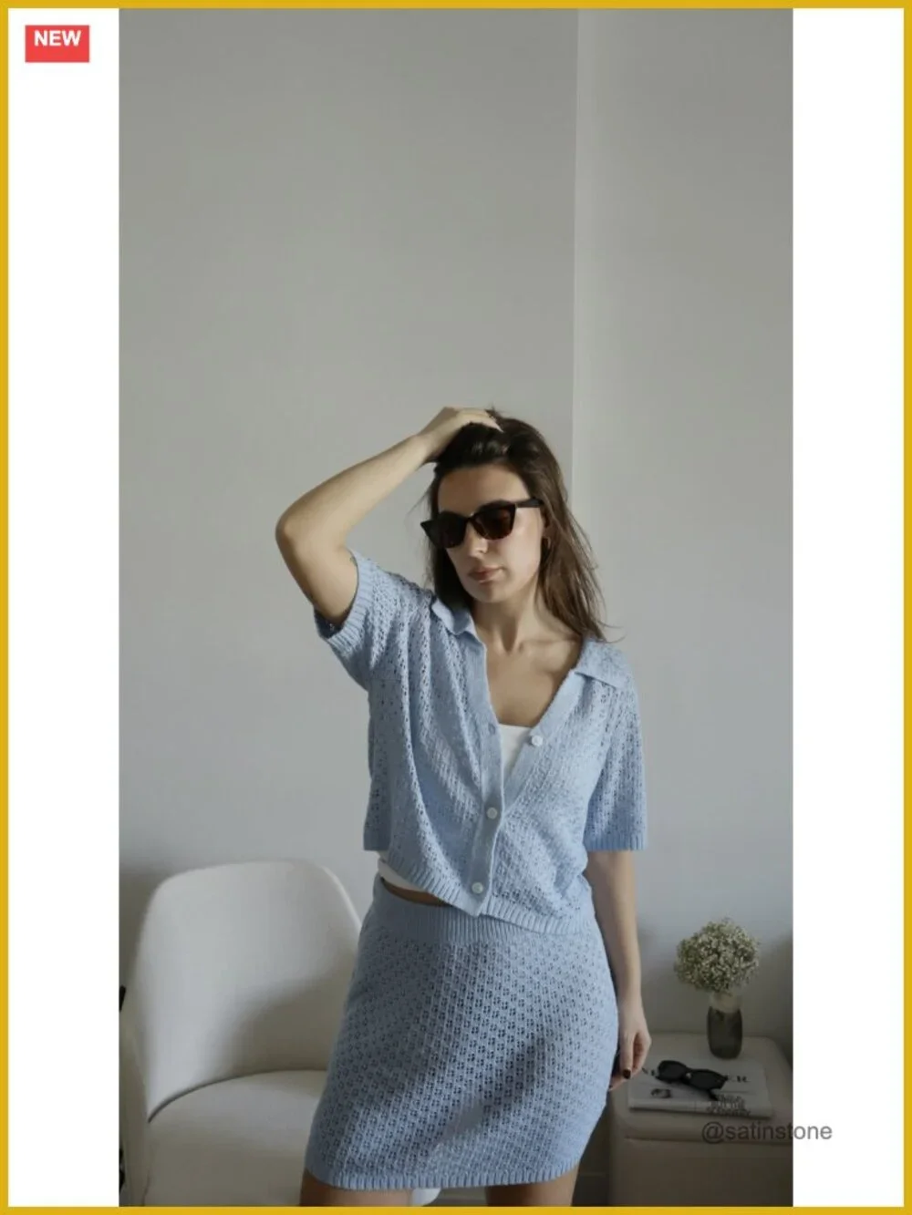 Crochet Button Short Sleeve Crop Top Mini Skirt 2 Piece Cover Up Set